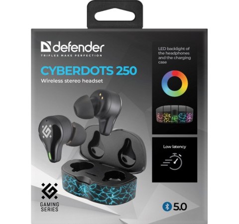 Słuchawki z mikrofonem Defender CyberDots 250 bezprzewodowe Bluetooth TWS czarne Słuchawki z mikrofonem Defender CyberDots 250 bezprzewodowe Bluetooth TWS czarne