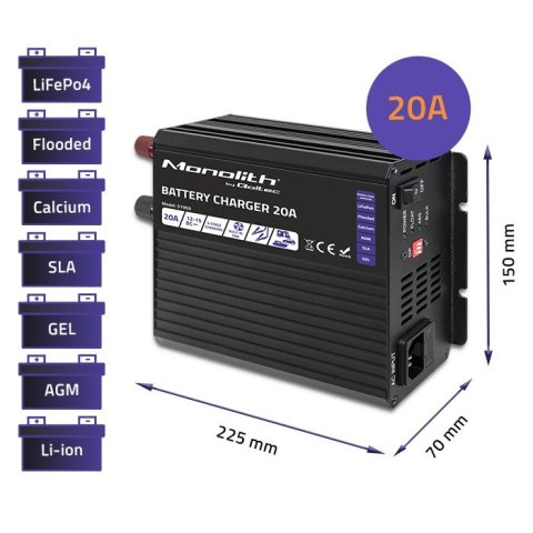 Qoltec Inteligentna ładowarka Monolith do akumulatorów LiFePO4 AGM GEL SLA, 20A, 12V