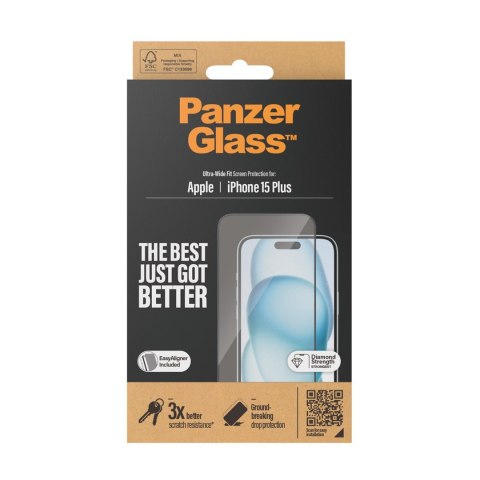 Szkło pancerne PanzerGlass | Osłona ekranu | Jabłko | Telefon iPhone 15 Plus | Szkło | Przezroczysty | Bardzo szeroki krój, Odpo