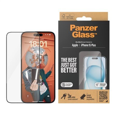 Szkło pancerne PanzerGlass | Osłona ekranu | Jabłko | Telefon iPhone 15 Plus | Szkło | Przezroczysty | Bardzo szeroki krój, Odpo