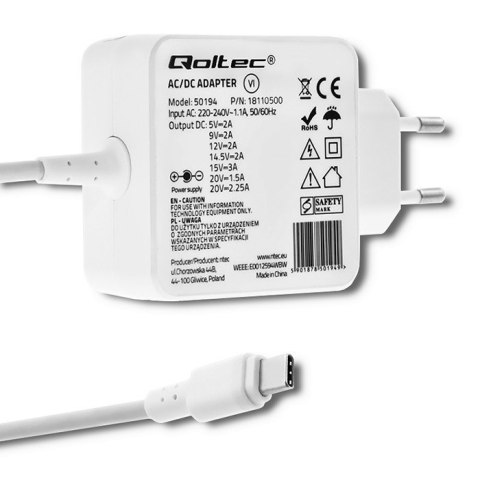 Qoltec 50194 Zasilacz sieciowy 45W | 5-20V | 2-3A | USB C |PD | Biała Qoltec 50194 Zasilacz sieciowy 45W | 5-20V | 2-3A | USB C |PD | Biała