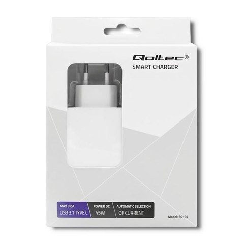 Qoltec 50194 Zasilacz sieciowy 45W | 5-20V | 2-3A | USB C |PD | Biała Qoltec 50194 Zasilacz sieciowy 45W | 5-20V | 2-3A | USB C |PD | Biała
