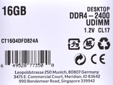 Pamięć Crucial CT16G4DFD824A (DDR4 UDIMM; 1 x 16 GB; 2400 MHz; CL17) Pamięć Crucial CT16G4DFD824A (DDR4 UDIMM; 1 x 16 GB; 2400 MHz; CL17)