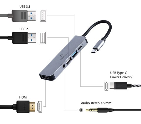 GEMBIRD MULTI ADAPTER USB TYP-C 5W1 (HUB + HDMI + PD + DŹWIĘK STEREO) SREBRNY GEMBIRD MULTI ADAPTER USB TYP-C 5W1 (HUB + HDMI + PD + DŹWIĘK STEREO) SREBRNY