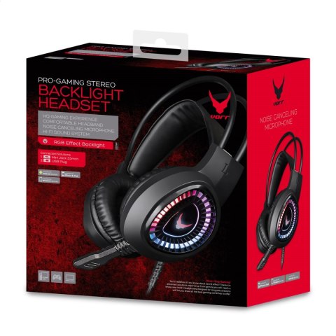 VARR GAMING RGB HEADPHONES WITH MIC SŁUCHAWKI NAUSZNE Z MIKROFONEM STEREO LITE 3,5MM USB BLACK [45559] TE