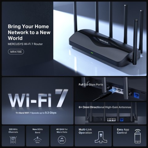 Mercusys MR47BE router bezprzewodowy 2.5 Gigabit Ethernet Trójpasmowy (2,4 GHz / 5 GHz / 6 GHz) Czarny Mercusys MR47BE router bezprzewodowy 2.5 Gigabit Ethernet Trójpasmowy (2,4 GHz / 5 GHz / 6 GHz) Czarny