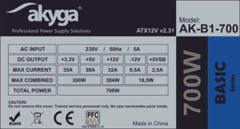 Zasilacz Akyga AK-B1-700 (700 W; Pasywne; 120 mm) Zasilacz Akyga AK-B1-700 (700 W; Pasywne; 120 mm)