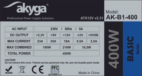 Zasilacz Akyga Basic AK-B1-400 (400 W; Pasywne; 120 mm) Zasilacz Akyga Basic AK-B1-400 (400 W; Pasywne; 120 mm)