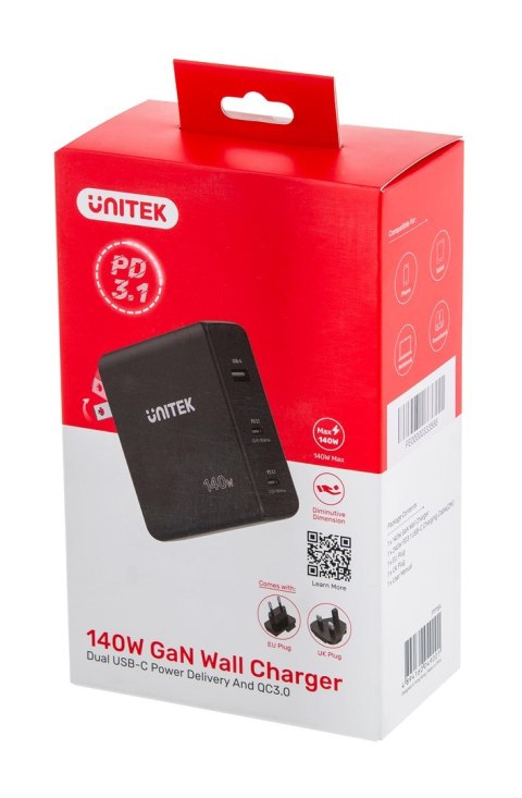 UNITEK ŁADOWARKA GAN 2X USB-C, USB-A, 140W UNITEK ŁADOWARKA GAN 2X USB-C, USB-A, 140W